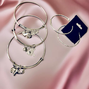 Silver Stacked Love Charm Bracelets with Silver Hoops