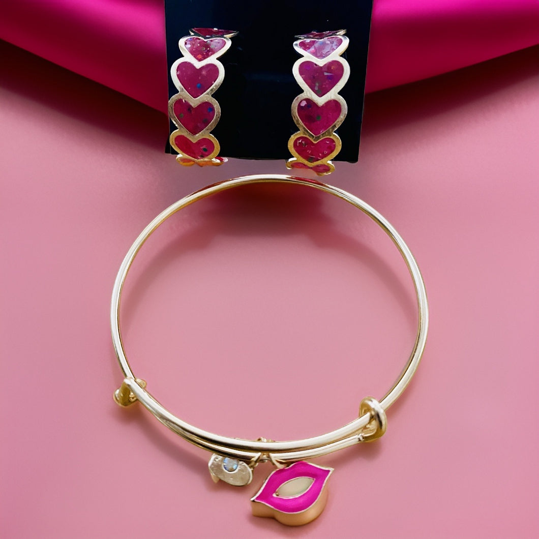 Hearts and Kisses Gold Charm Bracelet with Hoop Earrings